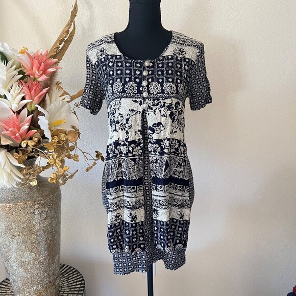 Vintage 90s Stuart Alan Boho Split Hem Geometric Floral Henley Button Dress P6 - Picture 1 of 13